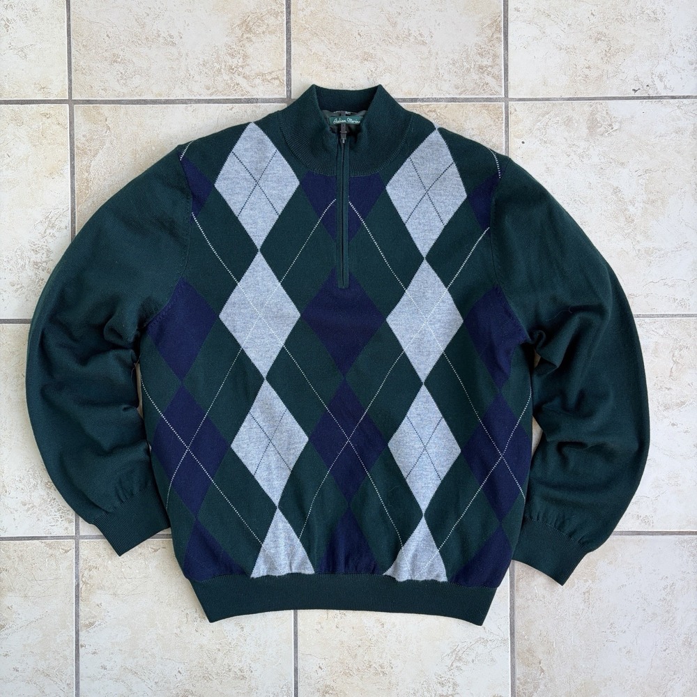 Fairway & Greene Sweater Mens‎ Large Green Argyle Merino Wool Knit 1/4 Zip